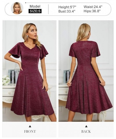 Ruffle Sleeve Cocktail Dresses for Wedding Guest Fit and Flare Tea Length Party Dress Glitter-darkred $19.36 Dresses