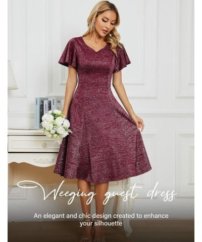 Ruffle Sleeve Cocktail Dresses for Wedding Guest Fit and Flare Tea Length Party Dress Glitter-darkred $19.36 Dresses