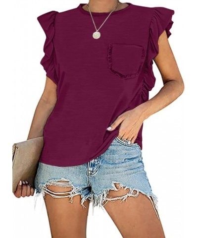 Women's Summer Sleeveless Tops Casual Loose Ruffle Shirts Tank Tops 04 Wine Red $15.50 Tanks