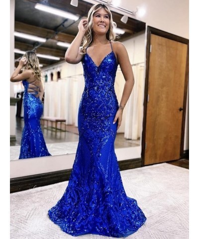 Sequin Mermaid Prom Dresses 2024 Spaghetti Straps Lace Applique Formal Evening Gowns Red $42.50 Dresses