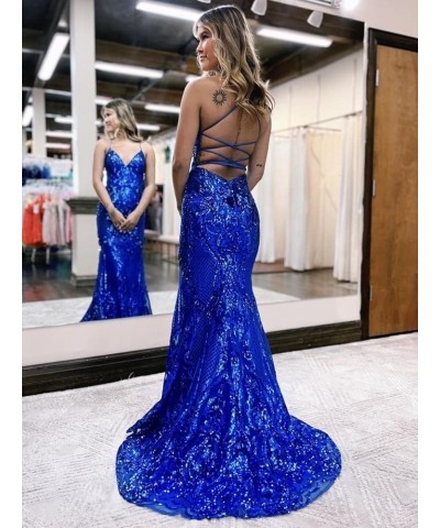 Sequin Mermaid Prom Dresses 2024 Spaghetti Straps Lace Applique Formal Evening Gowns Red $42.50 Dresses