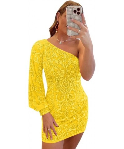 Long Sleeve Homecoming Dresses for Teens Tight One Shoulder Sparkly Sequin Lace Short Prom Dress Yellow $24.75 Dresses