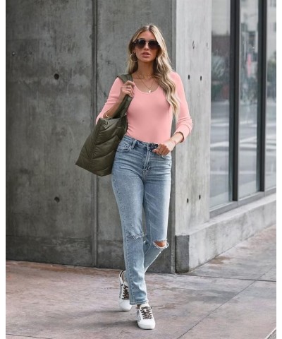 Summer Women's Scoop Neck Short Sleeve Shirts Ribbed Slim Fitted Casual Basic Top Blouses Long Sleeve Long-pink $12.47 Blouses