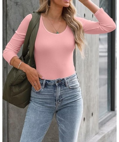 Summer Women's Scoop Neck Short Sleeve Shirts Ribbed Slim Fitted Casual Basic Top Blouses Long Sleeve Long-pink $12.47 Blouses