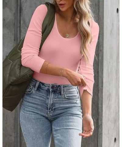 Summer Women's Scoop Neck Short Sleeve Shirts Ribbed Slim Fitted Casual Basic Top Blouses Long Sleeve Long-pink $12.47 Blouses