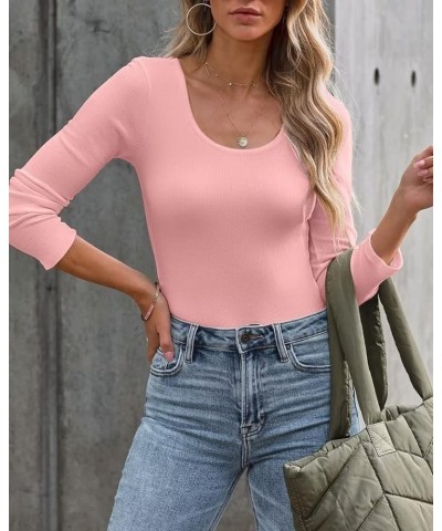 Summer Women's Scoop Neck Short Sleeve Shirts Ribbed Slim Fitted Casual Basic Top Blouses Long Sleeve Long-pink $12.47 Blouses