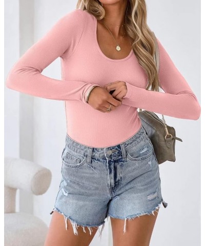 Summer Women's Scoop Neck Short Sleeve Shirts Ribbed Slim Fitted Casual Basic Top Blouses Long Sleeve Long-pink $12.47 Blouses