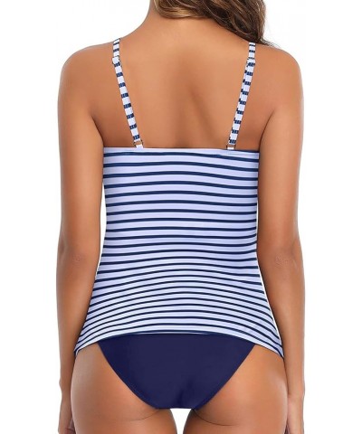 Two Piece Tankini Swimsuit for Women High Neck Ruched Tummy Control Top with Bottom Bathing Suits Blue Stripe $13.53 Swimsuits