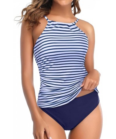 Two Piece Tankini Swimsuit for Women High Neck Ruched Tummy Control Top with Bottom Bathing Suits Blue Stripe $13.53 Swimsuits