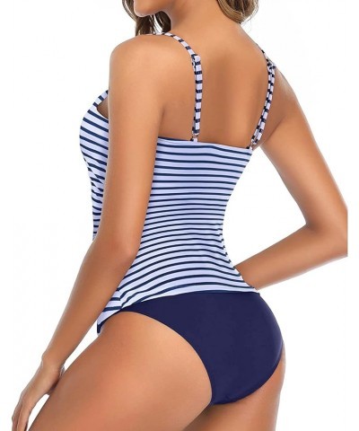 Two Piece Tankini Swimsuit for Women High Neck Ruched Tummy Control Top with Bottom Bathing Suits Blue Stripe $13.53 Swimsuits