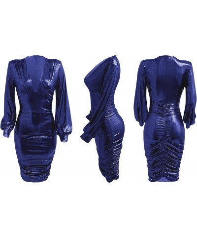 Womens Sexy Sequin Metallic Deep V Neck Long Sleeve Bodycon Ruched Party Cocktail Midi Long Dress Blue $27.90 Dresses