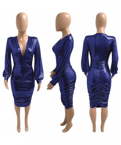 Womens Sexy Sequin Metallic Deep V Neck Long Sleeve Bodycon Ruched Party Cocktail Midi Long Dress Blue $27.90 Dresses