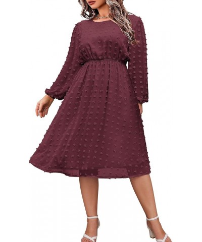 Women's Plus Size Swiss Dot Long Sleeve Chiffon Dress Flowy High Waist A Line Ruffle Babydoll Midi Dresses 16W-24W Wine Red $...