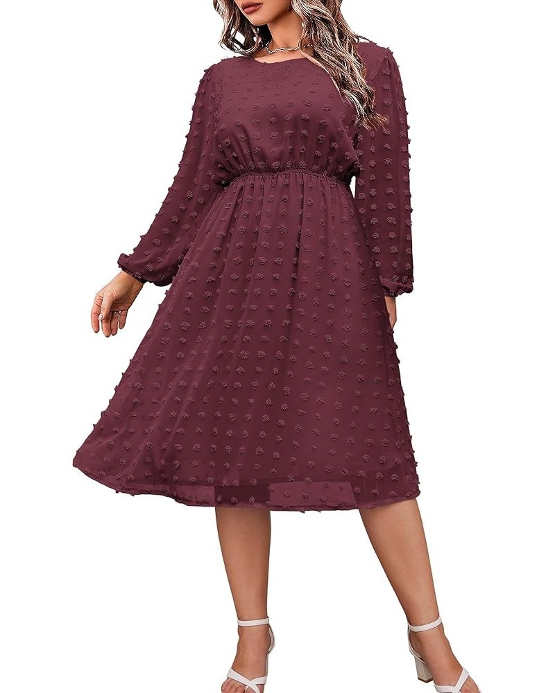 Women's Plus Size Swiss Dot Long Sleeve Chiffon Dress Flowy High Waist A Line Ruffle Babydoll Midi Dresses 16W-24W Wine Red $...