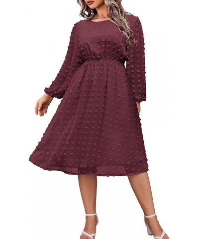 Women's Plus Size Swiss Dot Long Sleeve Chiffon Dress Flowy High Waist A Line Ruffle Babydoll Midi Dresses 16W-24W Wine Red $...