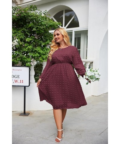 Women's Plus Size Swiss Dot Long Sleeve Chiffon Dress Flowy High Waist A Line Ruffle Babydoll Midi Dresses 16W-24W Wine Red $...