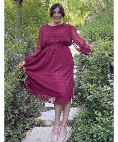 Women's Plus Size Swiss Dot Long Sleeve Chiffon Dress Flowy High Waist A Line Ruffle Babydoll Midi Dresses 16W-24W Wine Red $...