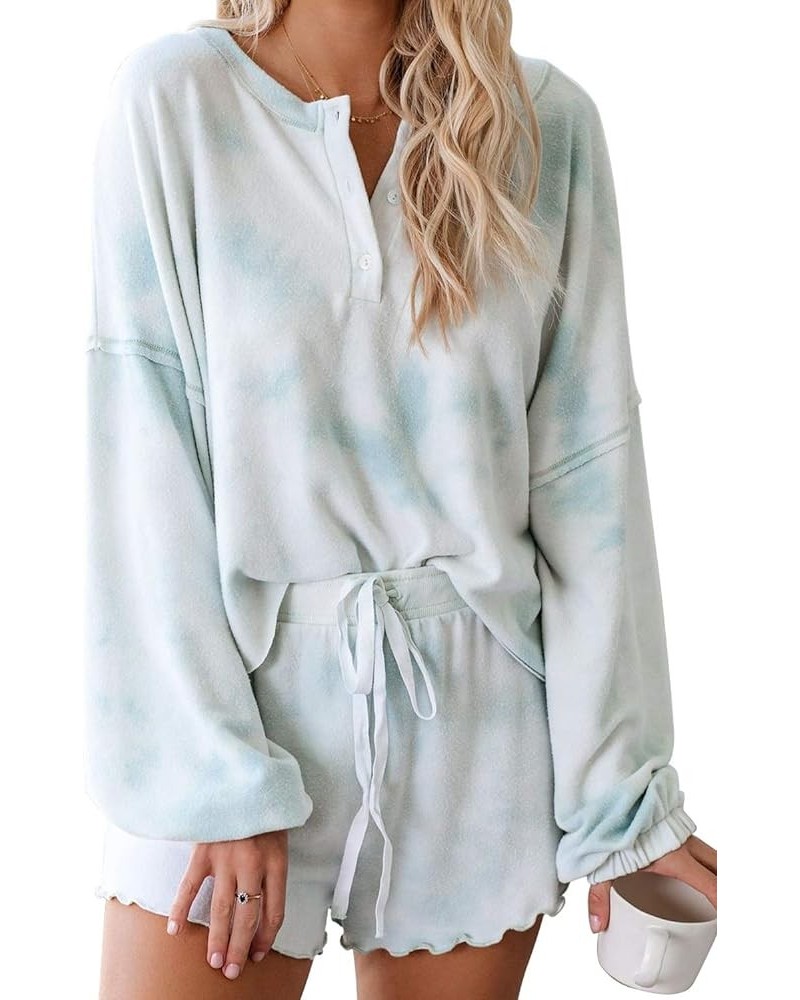 Womens Lounge Sets 2 Piece Pajamas Set Long Sleeve Tops and Shorts Sleepwear Tie Dye Printed Nightwear Sky Blue $19.00 Sleep ...