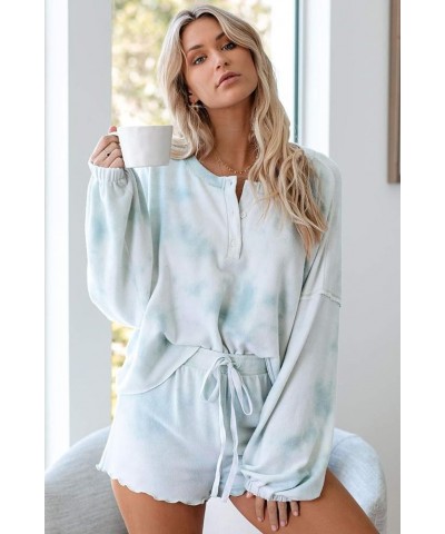 Womens Lounge Sets 2 Piece Pajamas Set Long Sleeve Tops and Shorts Sleepwear Tie Dye Printed Nightwear Sky Blue $19.00 Sleep ...