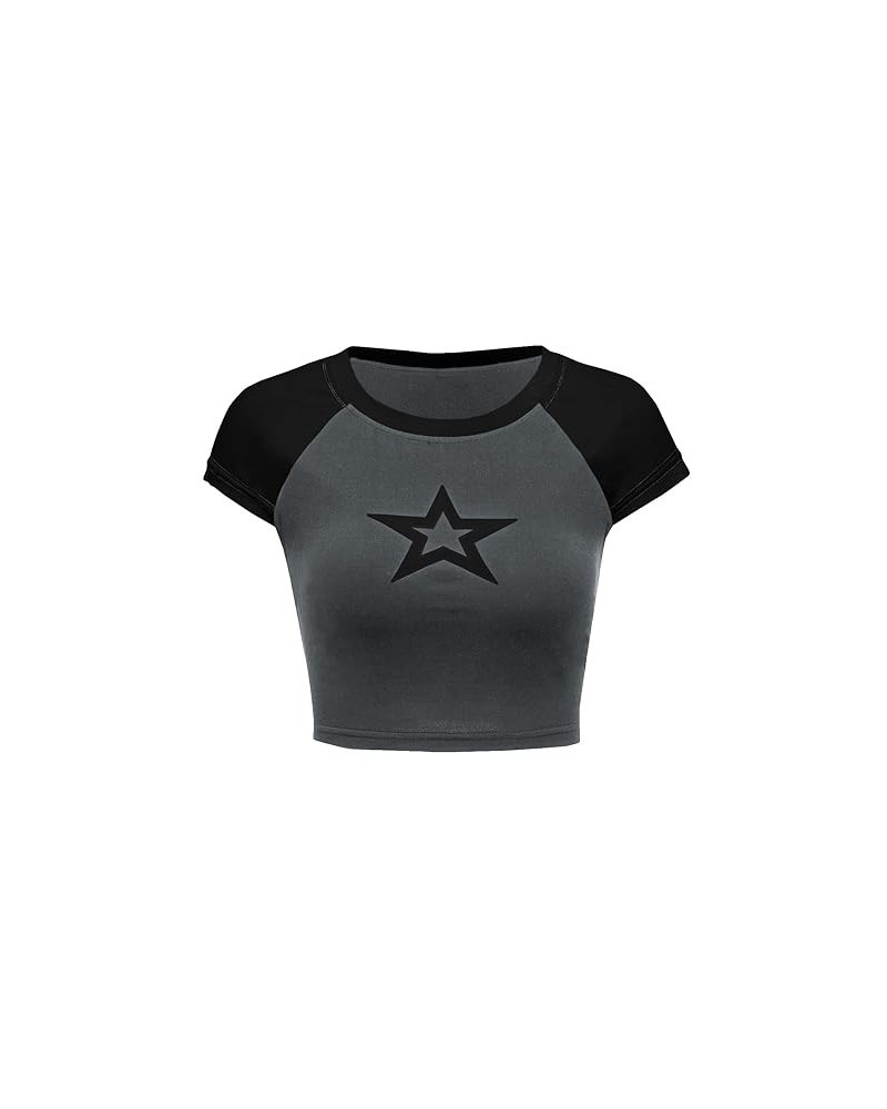 Women's Star Print Color Block Crop Tee Top Slim Fit Short Sleeve T Shirt Black and White XS Medium Grey $12.41 T-Shirts