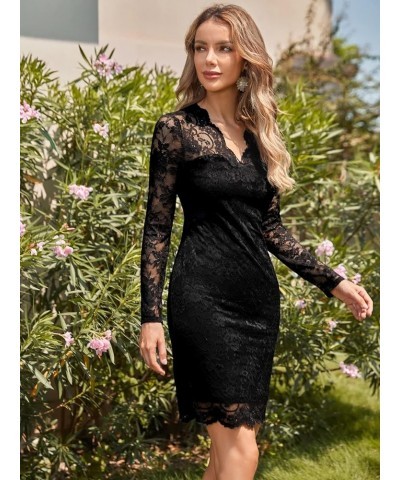 Women's Long Sleeve Scallop Trim V Neck Lace Short Bodycon Pencil Dress Black $17.10 Dresses