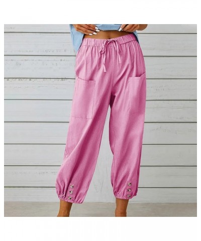 Womens Linen Pants Casual Dandelion Print Elastic Waist Cropped Pants Capris Boho Wide Leg Palazzo Trousers Pink $3.56 Pants