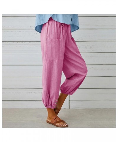 Womens Linen Pants Casual Dandelion Print Elastic Waist Cropped Pants Capris Boho Wide Leg Palazzo Trousers Pink $3.56 Pants