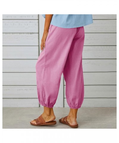 Womens Linen Pants Casual Dandelion Print Elastic Waist Cropped Pants Capris Boho Wide Leg Palazzo Trousers Pink $3.56 Pants