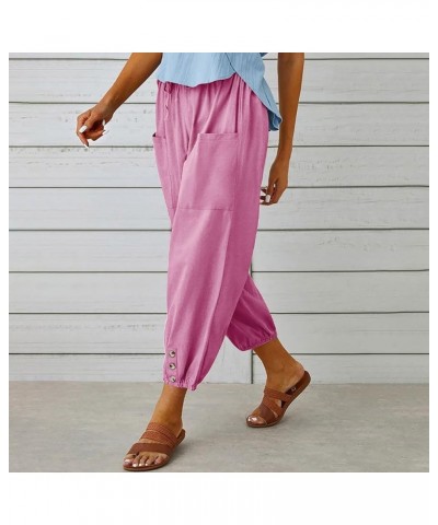 Womens Linen Pants Casual Dandelion Print Elastic Waist Cropped Pants Capris Boho Wide Leg Palazzo Trousers Pink $3.56 Pants