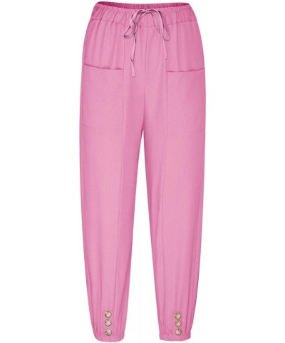 Womens Linen Pants Casual Dandelion Print Elastic Waist Cropped Pants Capris Boho Wide Leg Palazzo Trousers Pink $3.56 Pants