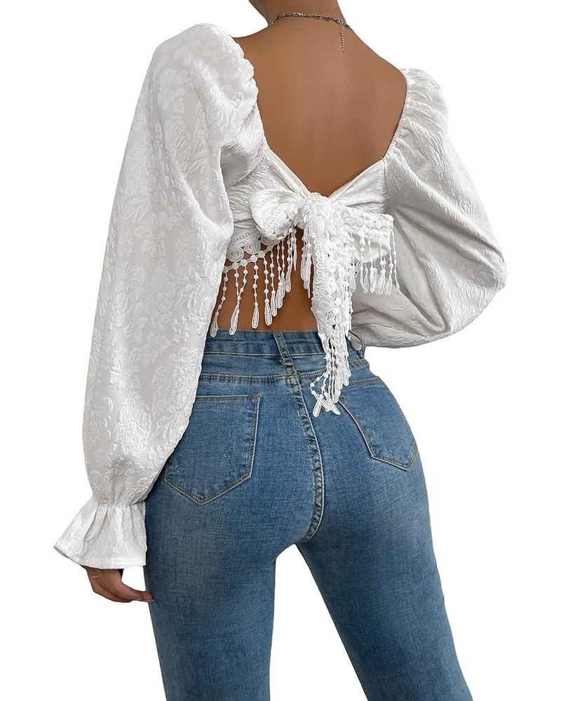 Women's Tie Back Fringe Trim Jacquard Crop Tops Flounce Long Sleeve Square Neck Blouse White $12.74 Blouses