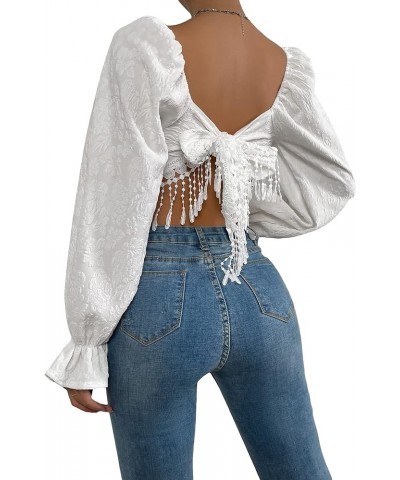 Women's Tie Back Fringe Trim Jacquard Crop Tops Flounce Long Sleeve Square Neck Blouse White $12.74 Blouses