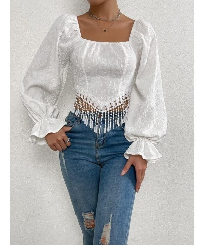 Women's Tie Back Fringe Trim Jacquard Crop Tops Flounce Long Sleeve Square Neck Blouse White $12.74 Blouses