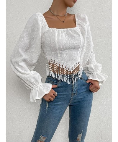 Women's Tie Back Fringe Trim Jacquard Crop Tops Flounce Long Sleeve Square Neck Blouse White $12.74 Blouses