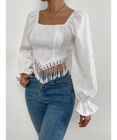 Women's Tie Back Fringe Trim Jacquard Crop Tops Flounce Long Sleeve Square Neck Blouse White $12.74 Blouses