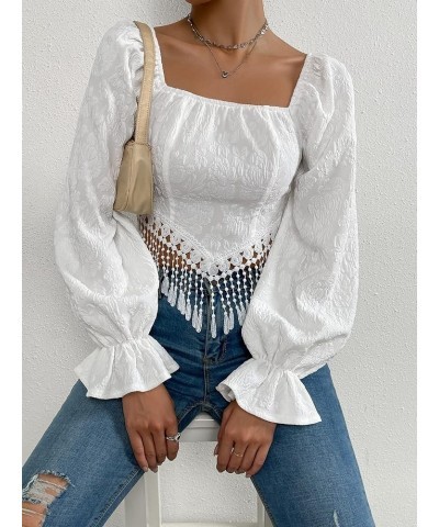 Women's Tie Back Fringe Trim Jacquard Crop Tops Flounce Long Sleeve Square Neck Blouse White $12.74 Blouses