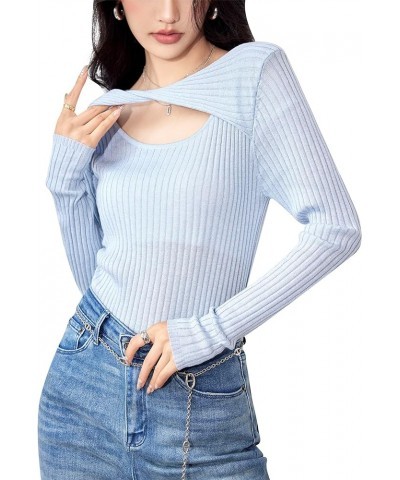 Women's Pullover Sweaters Fall Long Sleeve Cutout Knit Tops Casual Blouse 24328 Blue $12.59 Sweaters