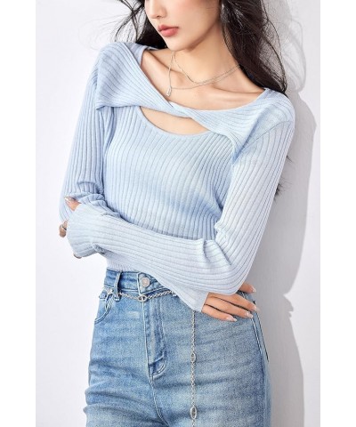 Women's Pullover Sweaters Fall Long Sleeve Cutout Knit Tops Casual Blouse 24328 Blue $12.59 Sweaters