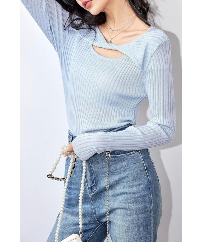 Women's Pullover Sweaters Fall Long Sleeve Cutout Knit Tops Casual Blouse 24328 Blue $12.59 Sweaters