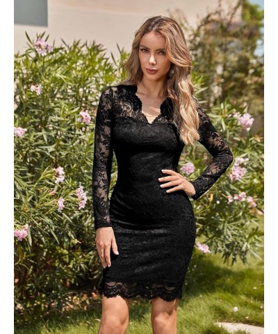 Women's Long Sleeve Scallop Trim V Neck Lace Short Bodycon Pencil Dress Black $17.10 Dresses