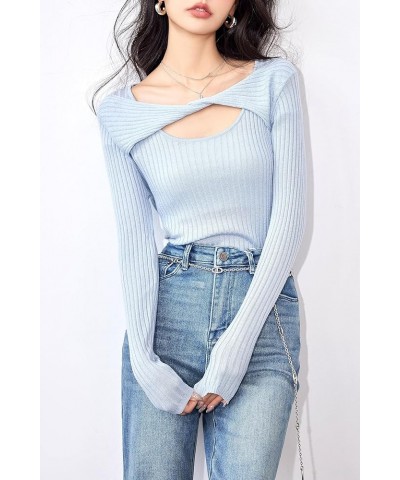 Women's Pullover Sweaters Fall Long Sleeve Cutout Knit Tops Casual Blouse 24328 Blue $12.59 Sweaters