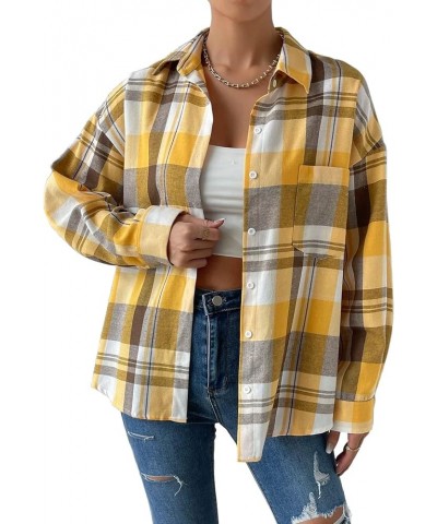 Women's Flannel Plaid Shirts Long Sleeve Casual Button Down Shirt Lapel Shacket Blouse Tops Yellow $14.88 Blouses