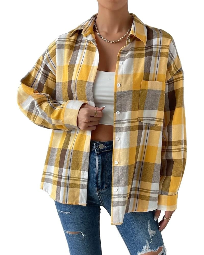 Women's Flannel Plaid Shirts Long Sleeve Casual Button Down Shirt Lapel Shacket Blouse Tops Yellow $14.88 Blouses