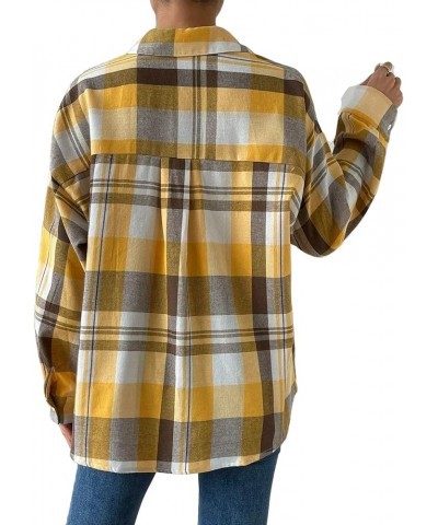 Women's Flannel Plaid Shirts Long Sleeve Casual Button Down Shirt Lapel Shacket Blouse Tops Yellow $14.88 Blouses