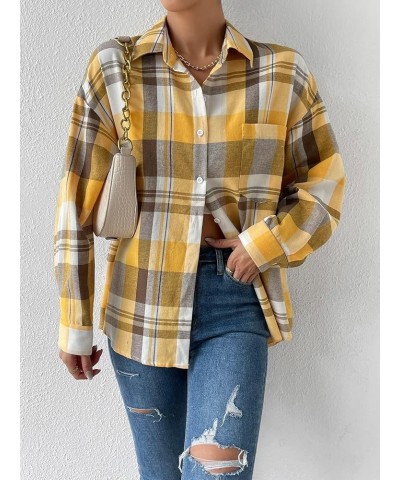 Women's Flannel Plaid Shirts Long Sleeve Casual Button Down Shirt Lapel Shacket Blouse Tops Yellow $14.88 Blouses