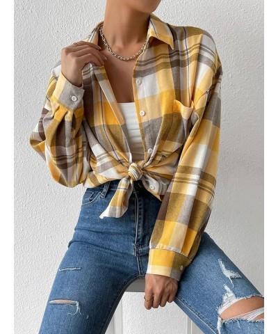 Women's Flannel Plaid Shirts Long Sleeve Casual Button Down Shirt Lapel Shacket Blouse Tops Yellow $14.88 Blouses