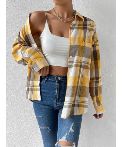 Women's Flannel Plaid Shirts Long Sleeve Casual Button Down Shirt Lapel Shacket Blouse Tops Yellow $14.88 Blouses