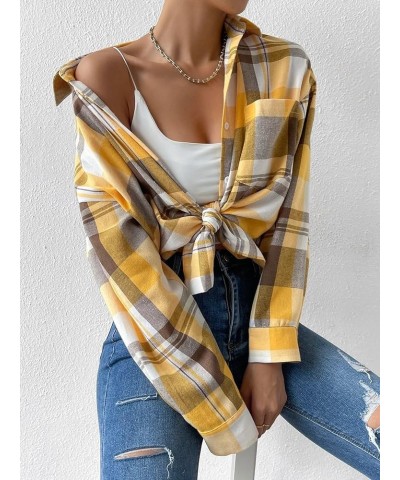 Women's Flannel Plaid Shirts Long Sleeve Casual Button Down Shirt Lapel Shacket Blouse Tops Yellow $14.88 Blouses