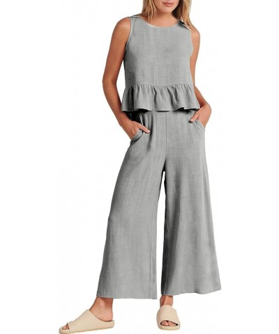 2 Piece Outfits for Women Summer Linen Tank Crop Tops Wide Leg Pants Sets Dressy Vacation Outfits with Pockets F-gray $7.79 A...