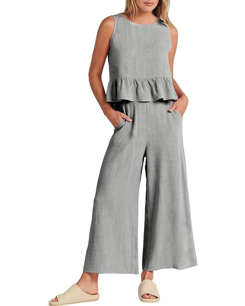 2 Piece Outfits for Women Summer Linen Tank Crop Tops Wide Leg Pants Sets Dressy Vacation Outfits with Pockets F-gray $7.79 A...